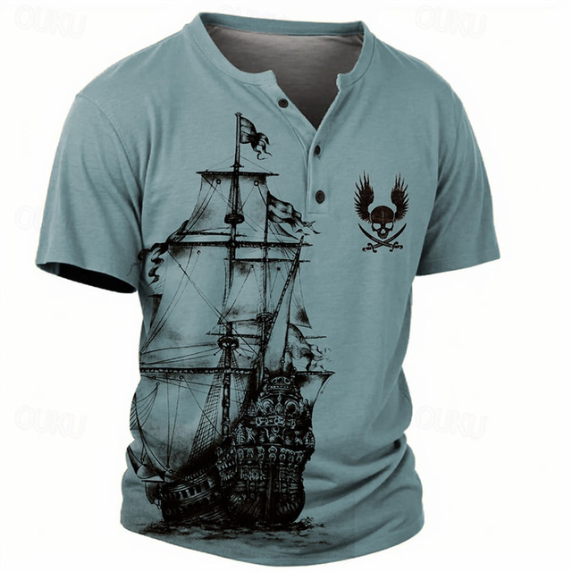  Homens Pirata Veleiro Camiseta Camisa Henley Manga Curta Impressão 3D Retro Vintage Casual Esportes Feriado Para Noite Primavera Verão Azul Marron cáqui Cinzento Henley Camiseta Henley
