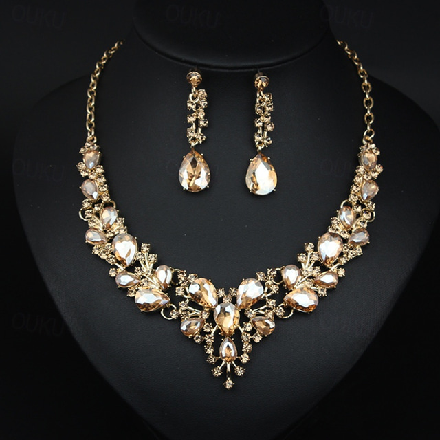  Jewelry Set 3pcs Glass Alloy 1 Necklace Earrings Women's Elegant Vintage Fashion Geometrical Geometric Jewelry Set For Wedding Party Wedding Guest