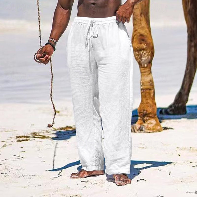  Men's Linen Pants Trousers Summer Pants Beach Pants Pocket Drawstring Elastic Waist Plain Comfort Breathable Daily Holiday Vacation Hawaiian Boho Black White