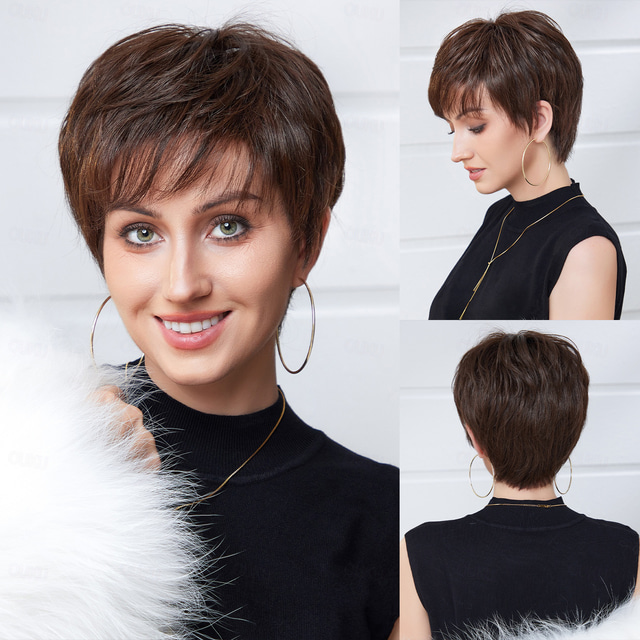  Blendul părului uman Perucă Scurt Drept natural Frizură Pixie Partea laterală Frizură în Straturi Frizură Asimetrică Maro Cosplay Ondulator și îndreptător Linia naturală de păr Fără calotă Păr