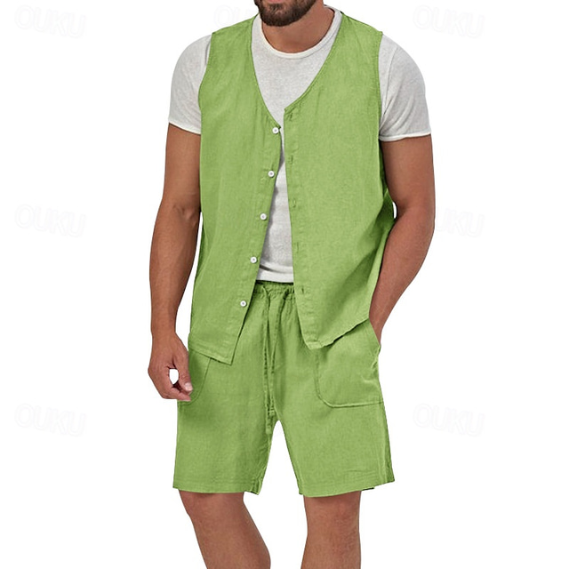  Men's Linen Shorts Summer Shorts Beach Shorts Set Pocket Drawstring Elastic Waist Plain Comfort Breathable Short Holiday Vacation Beach Hawaiian Boho Black Yellow