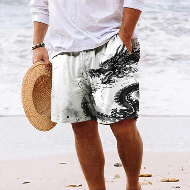  Men's Board Shorts Swim Shorts Swim Trunks Drawstring with Mesh lining Elastic Waist Dragon Comfort Breathable Short Holiday Vacation Beach Vacation Hawaiian White Khaki Micro-elastic