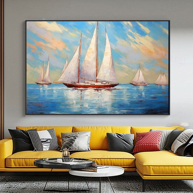  handgemachtes Ölgemälde auf Leinwand, Wandkunst, Dekoration, modern, abstrakt, abstrakte Segelbootlandschaft für Wohnzimmer, Heimdekor, gerolltes, rahmenloses, ungedehntes Gemälde