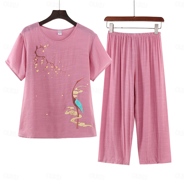  Women's Pajamas Sets Floral Fashion Comfort Home Daily Bed Cotton And Linen Breathable Crew Neck Short Sleeve T shirt Tee Shorts Elastic Waist Summer Spring Home Outfits