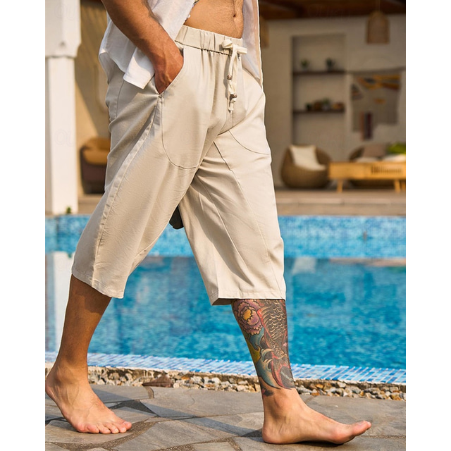  Homens Calças Capri Shorts de linho Shorts de verão Shorts de praia Calças Harem Bolsos Com Cordão Cintura elástica Tecido Conforto Respirável Comprimento da panturrilha Férias Feriado Praia Havaiana