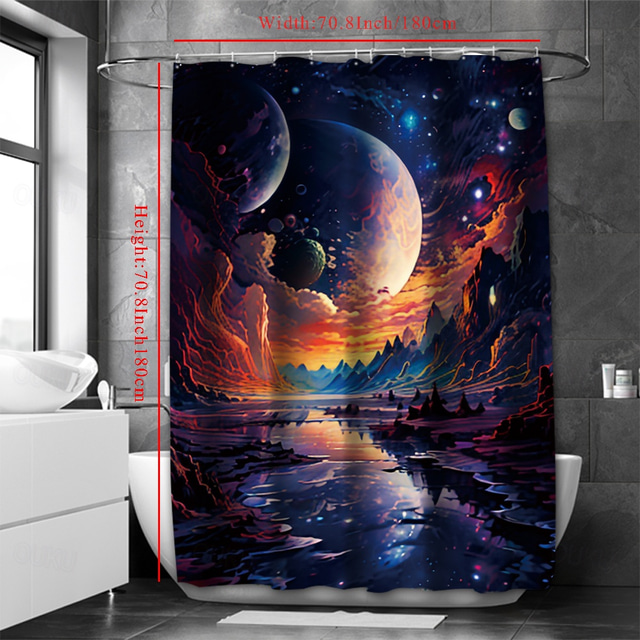  Space Bathroom Deco Shower Curtain with Hooks Bathroom Decor Waterproof Fabric Shower Curtain Set with12 Pack Plastic Hooks