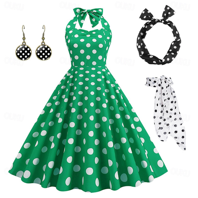  Polka Dots Retro Vintage 1950s A-Line Dress Swing Dress Flare Dress Polka Dot Women's Party / Evening Bachelorette Party Adults' Dress Earrings Headband