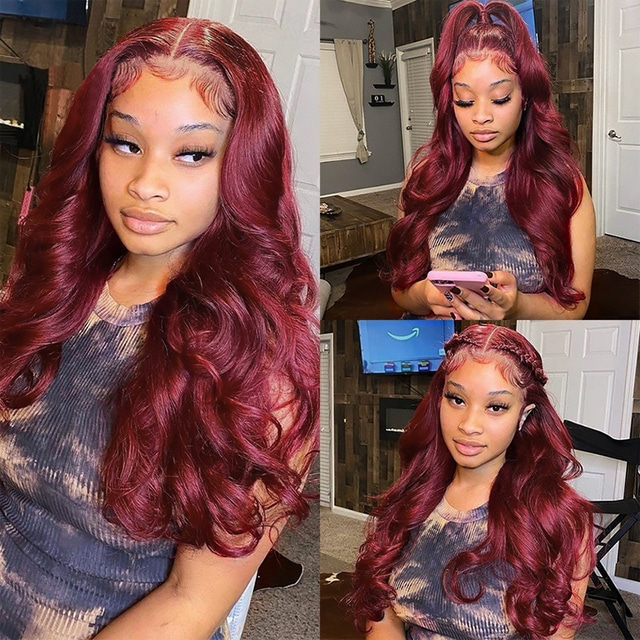  Human Hair Body Wave 99J Burgundy Lace Front Wigs Human Hair 4x4 HD Lace Frontal Wigs Wine Red Color Wig Pre Plucked with Baby Hair 10-30inch