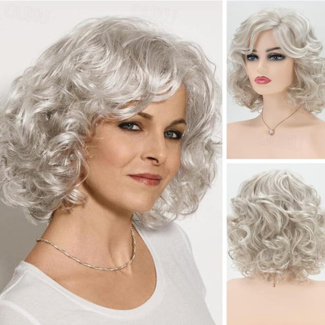  Short Brown Curly Wigs for Women Mixed Blonde Synthetic Wig Bouncy Curly Hair Replacement Wig Curly Wig with Dark Roots Sliver Blonde Grey