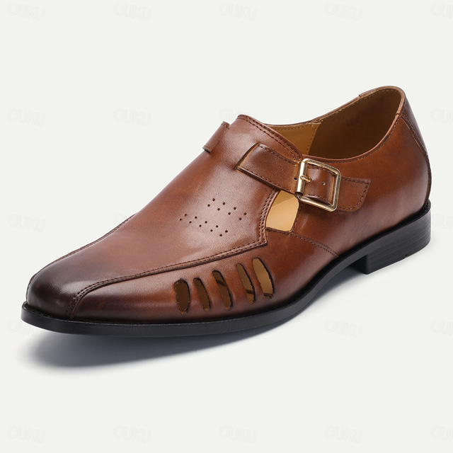  Men's Dress Brown Leather Buckle Strap Sandals with Perforated Details