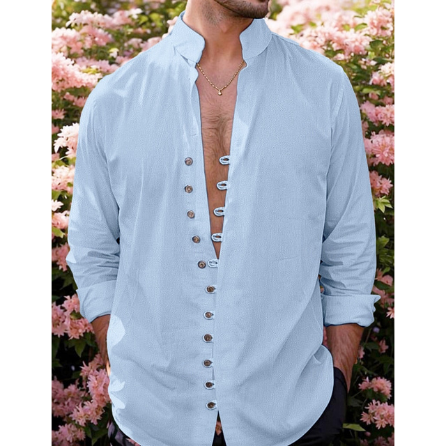  Homens Camisa Social camisa de linho camisa de verão Roupa de Praia camisa de botão Côr Sólida Férias Curise Preto Branco Rosa Azul Manga Longa Verão Roupa