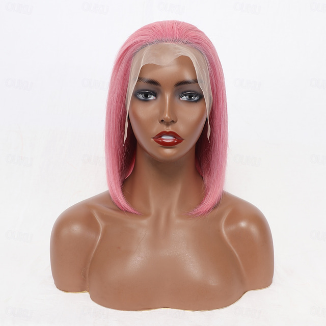  parrucca bob rosa caldo capelli umani 13x4 parrucche anteriori in pizzo hd parrucche frontali in pizzo caschetto corto per donne nere pre pizzicate con i capelli del bambino densità del 180% 12