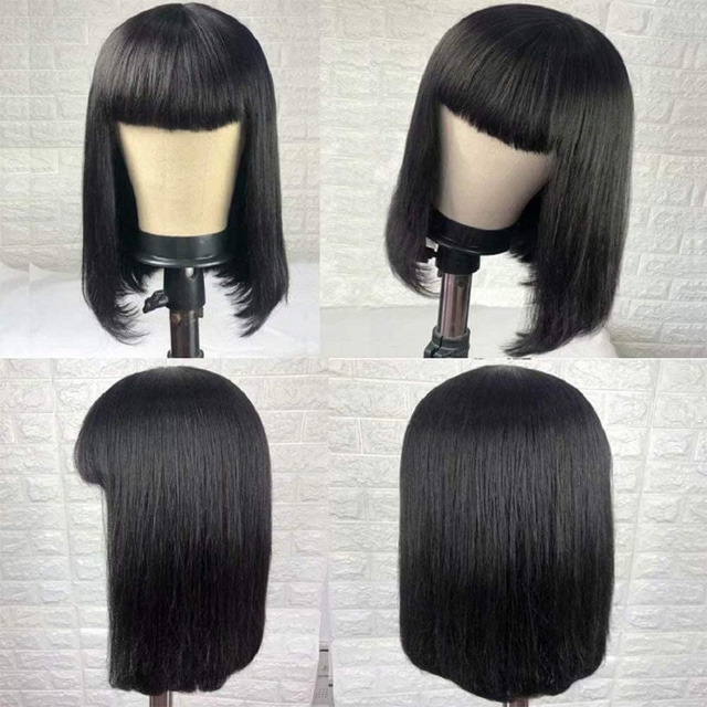  Cabello humano remy Peluca Corta Recto Liso Sedoso Beto Bob corto Flequillo recto Con flequillo Color natural Suave Fácil vestidor Mejor calidad Hecho a Máquina Cabello Brasileño Mujer Negro 10