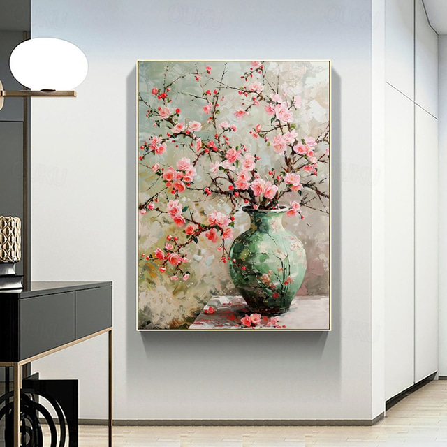  純粋な手描きの油絵桃の花床置きソファの背景の壁の装飾絵画植物の花高級ポーチ絵画（フレームなし）