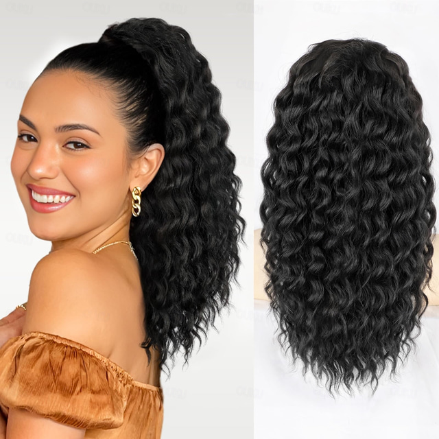  Curly Ponytail Extension Drawstring Ponytail for Black Women Natural Black Curly Clip in Hair Extensions 18 Inch Ponytail Extension Synthetic Hairpiece for Daily Party