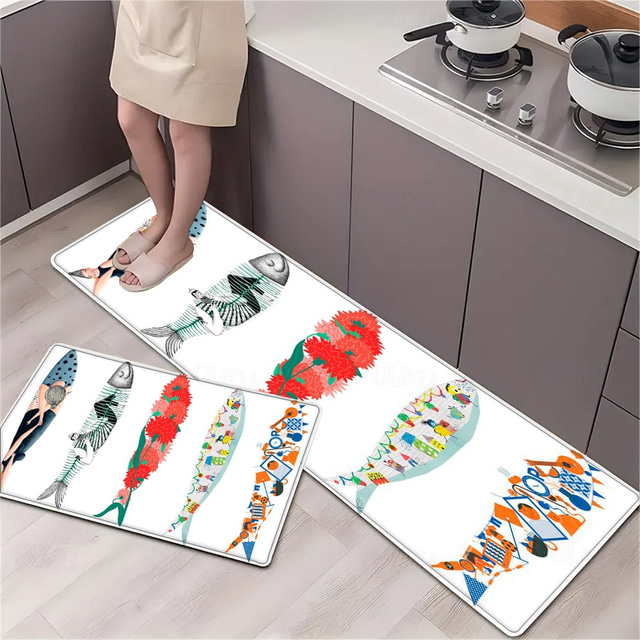  Area Rug Kitchen Rug Mat Non-Slip Oil Proof Floor Mat Livingroom Rug Indoor Outdoor Mat Bedroom Decor Bathroom Mat Entrance Rug Door Mat Summer Fishes