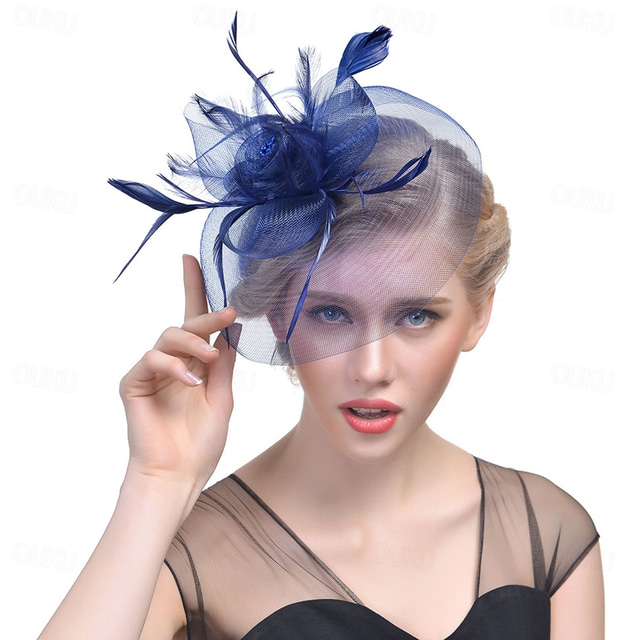  Fascinateurs Chapeaux Coiffure Organza Chapeau Fedora Capeline Chapeau Voile Course de chevaux cocktail Elégant Rétro Avec Plume Couleur Pure Casque Couvre-chef