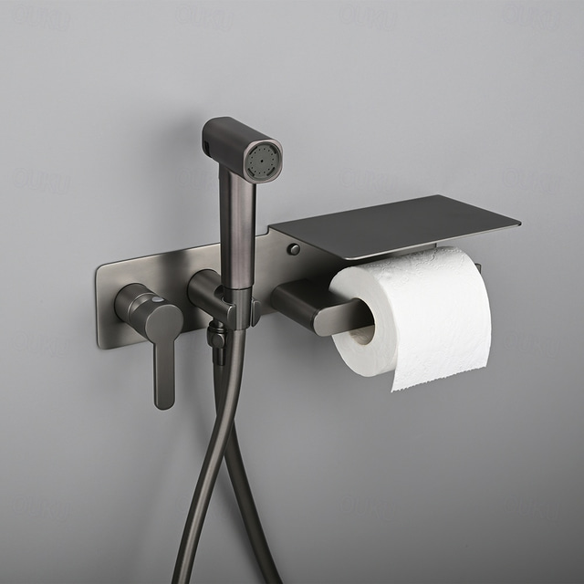  Brushed Grey Bidet Sprayer Concealed Button Brass Valve with Commodity Shelf Paper Holder Plastic Sprayer PVC Hose