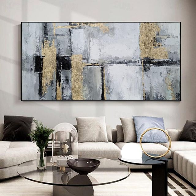  Handmade Oil Painting Canvas Wall Art Decoration Modern Abstract Texture Black White and Gold for Living Room Home Decor Rolled Frameless Unstretched Painting