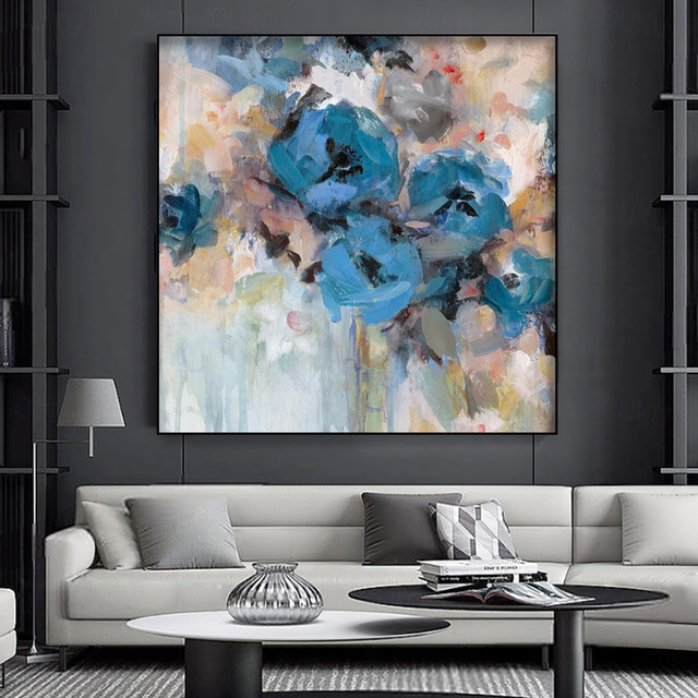  Handmade Oil Painting Canvas Wall Art Decoration Modern Abstract Blue Rose Flower for Home Decor Rolled Frameless Unstretched Painting