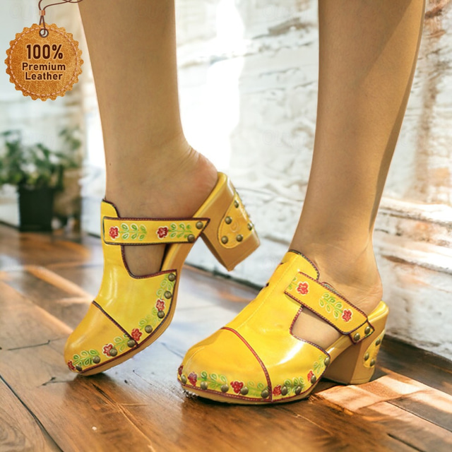  Women's Sandals Slippers Clogs Plus Size Handmade Shoes Outdoor Daily Beach Rivet Block Heel Round Toe Vintage Casual Comfort Walking Premium Leather Loafer Yellow