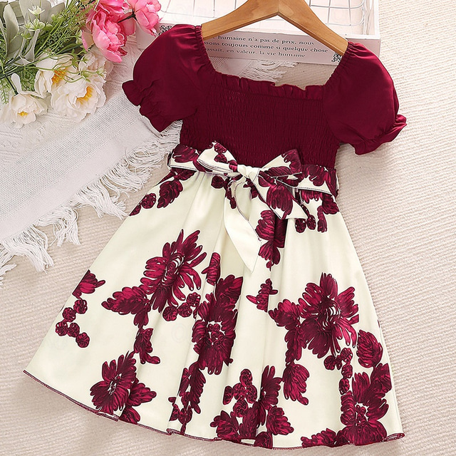  Copii Fete Rochie Floare Manșon scurt În aer liber Casual Peteci Modă Adorabil Poliester Sub Genunchi Rochie casual Rochie A line Vară Primăvară 4 ani + Roșu Vin