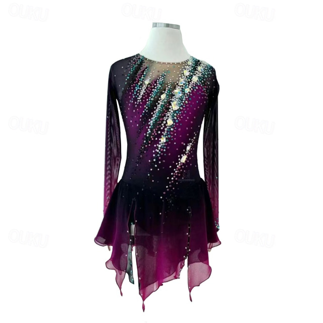  Vestido de patinaje artístico Mujer Chica Patinaje Sobre Hielo Vestidos Violeta Malla Licra Encaje Entrenamiento Ropa de Patinaje Cristal / Strass Patinaje artístico