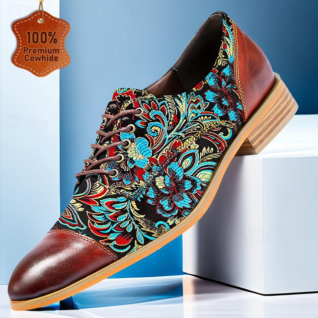  Men's Retro Floral Jacquard Fabric Oxford Shoes with Leather Accents - Casual and Formal Occasions