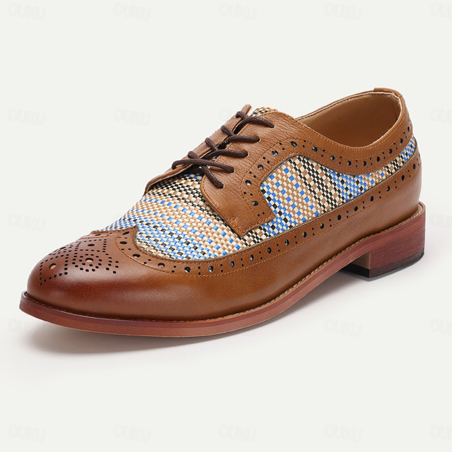  Men's Dress Shoes Brown Blue Stripe Pattern Brogue Leather Italian Full-Grain Cowhide Slip Resistant Lace-up Oxfords