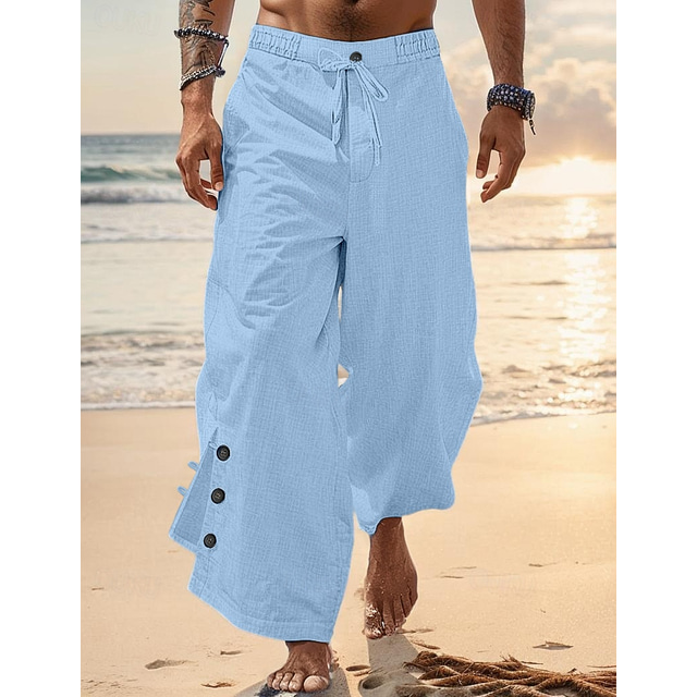  Men's Linen Pants Trousers Summer Pants Buttons Front Pocket Pleats Plain Comfort Breathable Full Length Casual Daily Holiday Fashion Basic White Blue