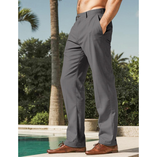  Men's Linen Pants Trousers Summer Pants Front Pocket Straight Leg Plain Comfort Breathable Full Length Wedding Work Business Fashion Basic Khaki Dark Gray