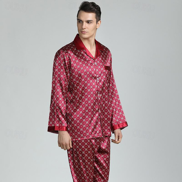  Men's Sleepwear Pajama Top and Pant Silk Pajama 2 Pieces Geometic Luxury Home Bed Beach Polyester Comfort Long Sleeve Pant Summer Spring Red party pajama set Red circle pajama set