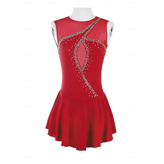  Figure Skating Dress Women's Girls' Ice Skating Dress Burgundy Patchwork Thumbhole Mesh Spandex Stretchy Training Practice Professional Skating Wear Thermal Warm Crystal / Rhinestone Sleeveless Ice