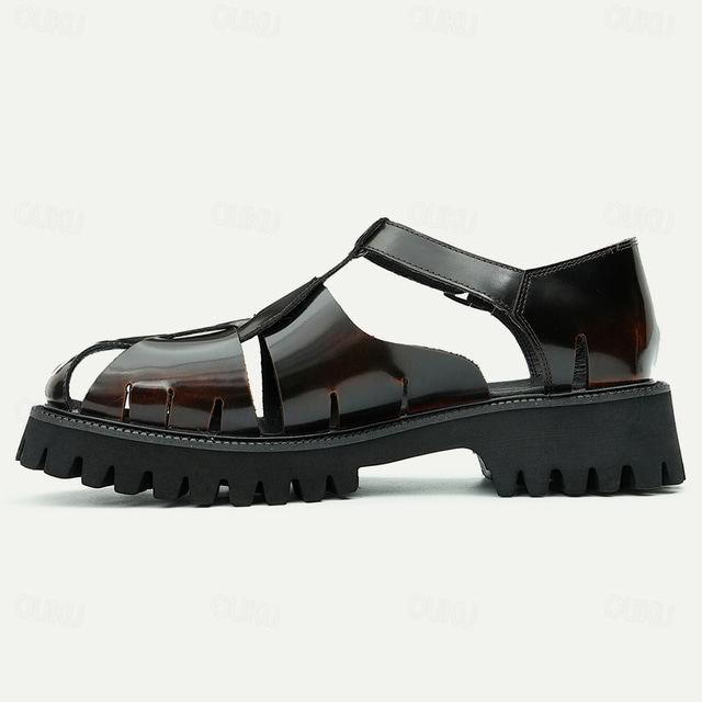  Men's Sandals Leather Shoes Fishermen sandals Leather Italian Full-Grain Cowhide Breathable Comfortable Slip Resistant Lace-up Black