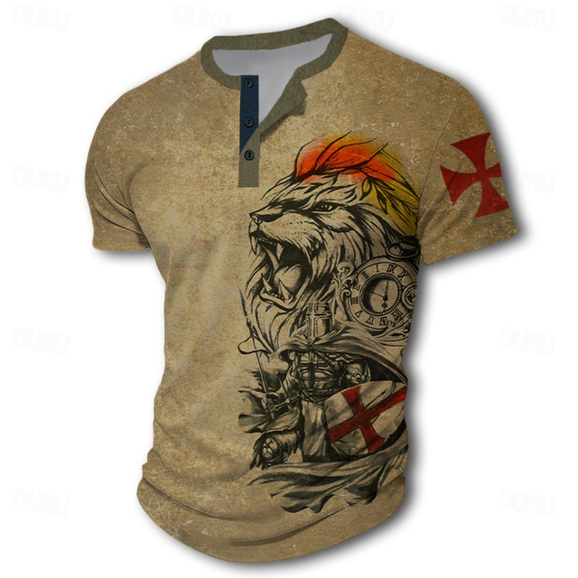  Miesten Amerikan itsenäisyyspäivä Leijona Temppeliristi T-paita Lyhythihainen 3D-tulostus Muoti Retro / vintage Urheilu- ja treenivaatteet Katu Urheilu ja ulkoilu Kesä Kevät Ruskea Henley Henley