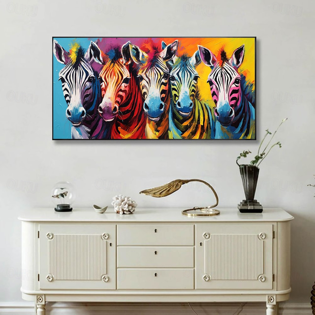  pictură în ulei realizată manual, pânză, artă de perete, decorare modernă, drăguț, animal din desene animate, zebră colorată, pentru camera copiilor, decor pentru acasă, pictură neîntinsă fără rame
