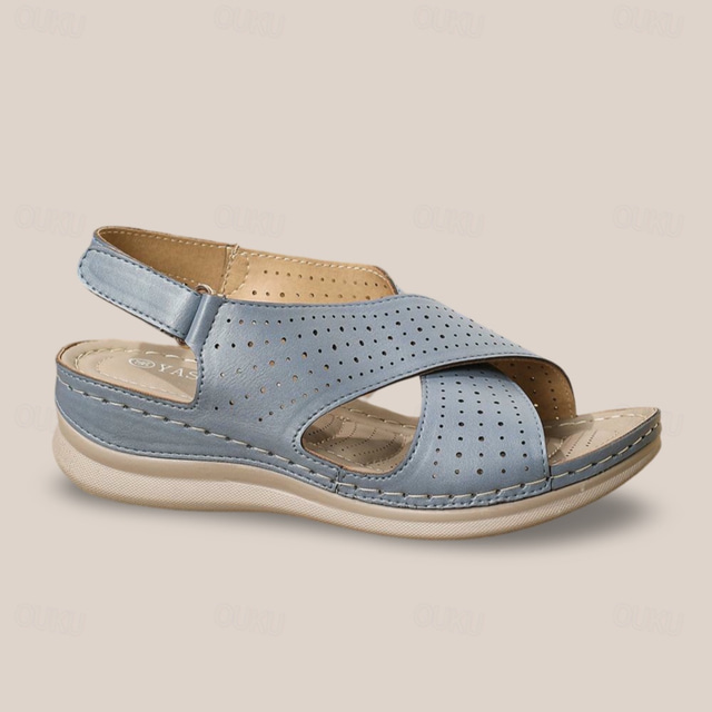  Women's Blue Perforated Slip-On Wedge Sandals - Comfortable and Stylish for Everyday Wear