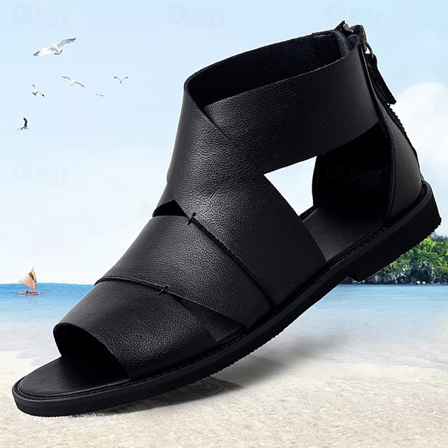  Men's Leather Sandals Gladiator Sandals Roman Sandals Black Summer Sandals Comfort Casual Beach Zipper Shoes