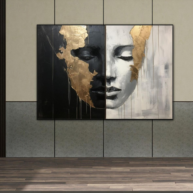  Peintures abstraites de visages de filles peintes à la main sur toile, peinture noire et blanche, œuvres d'art figuratives dorées, peinture murale minimaliste pour la décoration intérieure, cadre