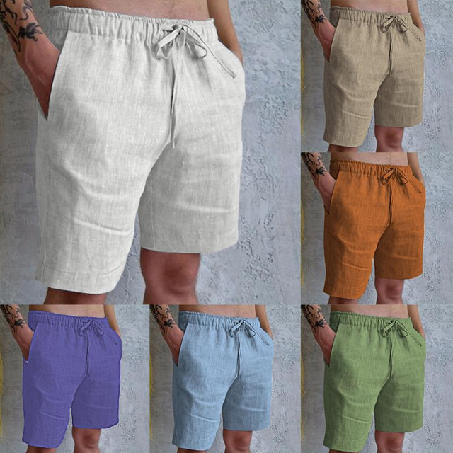  Men's Shorts Linen Shorts Summer Shorts Pocket Drawstring Elastic Waist Plain Comfort Breathable Short Casual Holiday Going out Fashion Streetwear Black White