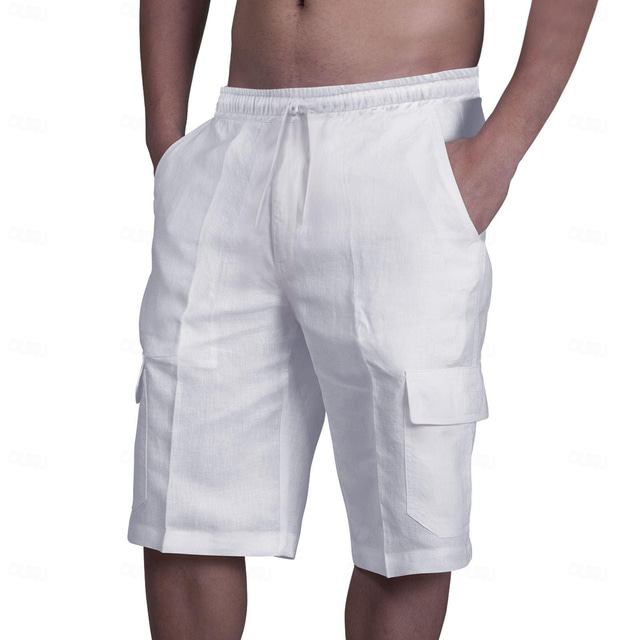  Homens Calção Shorts de linho Shorts de verão Bolsos Tecido Conforto Respirável Ao ar livre Diário Para Noite Moda Roupa de rua Preto Branco