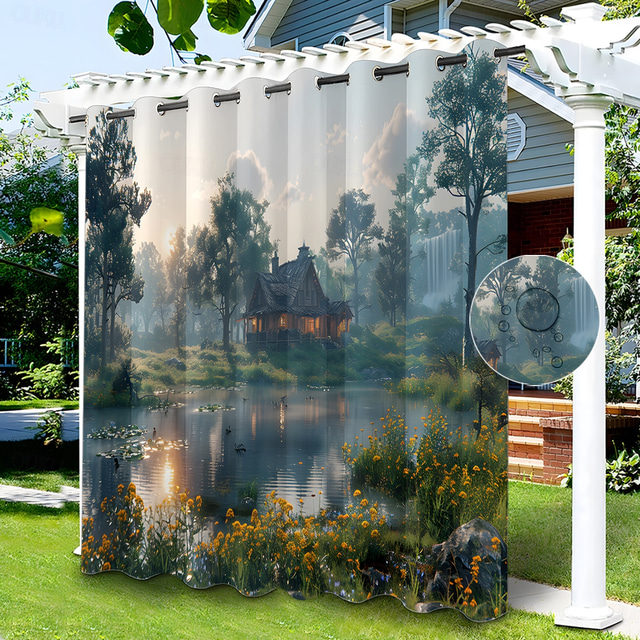  Waterproof Outdoor Curtain Privacy, Sliding Patio Curtain Drapes, Pergola Curtains Grommet 3D Moutain Landscape For Gazebo, Balcony, Porch, Party, 1 Panel