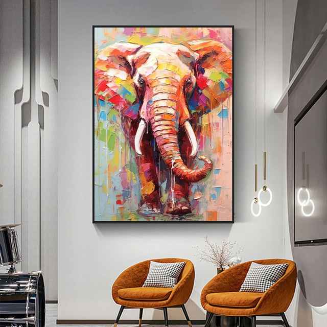  Handmade Oil Painting Canvas Wall Art Decoration Abstract Cartoon Animal Pink Elephant for Home Decor Rolled Frameless Unstretched Painting