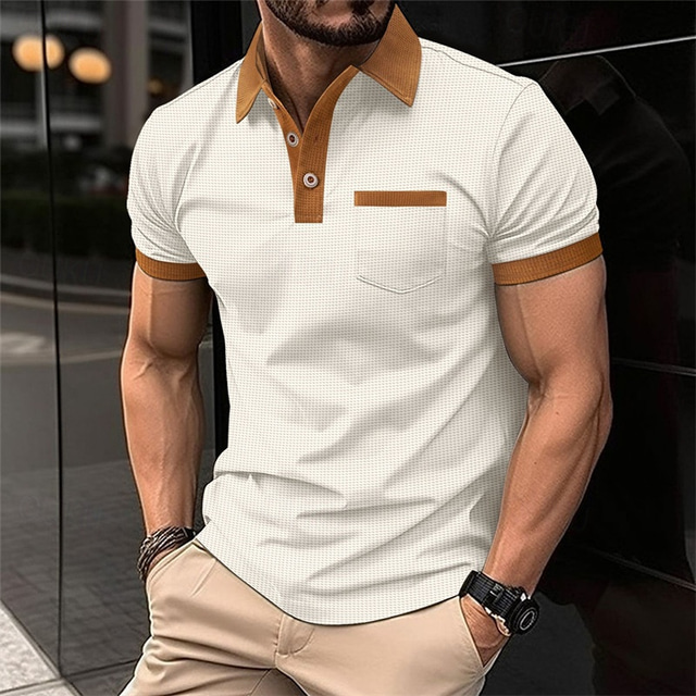  Men's Waffle Polo Shirt Golf Shirt Work Casual Lapel Short Sleeve Basic Modern Color Block Patchwork Button Spring & Summer Regular Fit Black White Blue Khaki Gray Waffle Polo Shirt