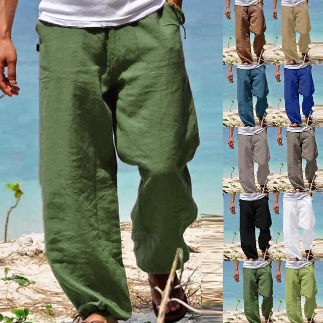  Men's Linen Pants Trousers Summer Pants Beach Pants Drawstring Elastic Waist Straight Leg Plain Comfort Yoga Daily 100% Cotton Fashion Streetwear Navy Black