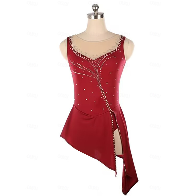  Figure Skating Dress Women's Girls' Ice Skating Dress Burgundy Patchwork Open Back Mesh Spandex Stretchy Training Practice Professional Skating Wear Thermal Warm Crystal / Rhinestone Sleeveless Ice