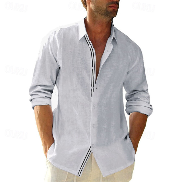  Herren Hemd Sommerhemd Knopfhemd Lässiges Hemd Strandhemd Weiß Marineblau Blau Armeegrün Langarm Farbblock Umlegekragen Hawaiianisch Festtage Patchwork Bekleidung Modisch Brautkleider schlicht