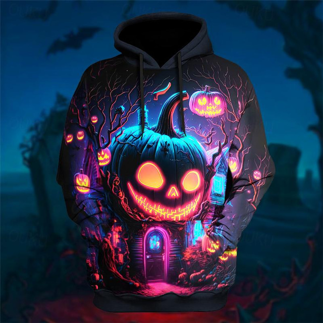  Halloween Hoodie Halloween, Mens Graphic Pumpkin Prints Daily Classic Casual 3D Pullover Holiday Going Out Hoodies Blue Purple Green Hooded Spring & Black Cotton