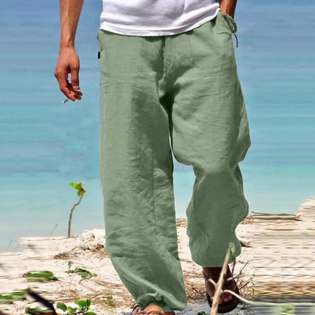  Men's Trousers Summer Pants Beach Pants Drawstring Elastic Waist Straight Leg Plain Comfort Yoga Daily 100% Cotton Fashion Streetwear Navy Black