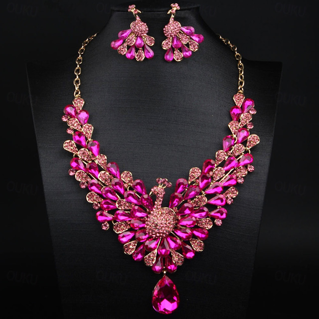  Bridal Jewelry Sets 1 set Rhinestone Rhinestone 1 Necklace Earrings Women's Statement Colorful Cute Fancy Drop Peacock irregular Jewelry Set For Wedding Party